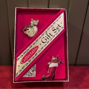 Vintage Christmas Gold Tone Enamel Pin Lapel Collectible Gift Set